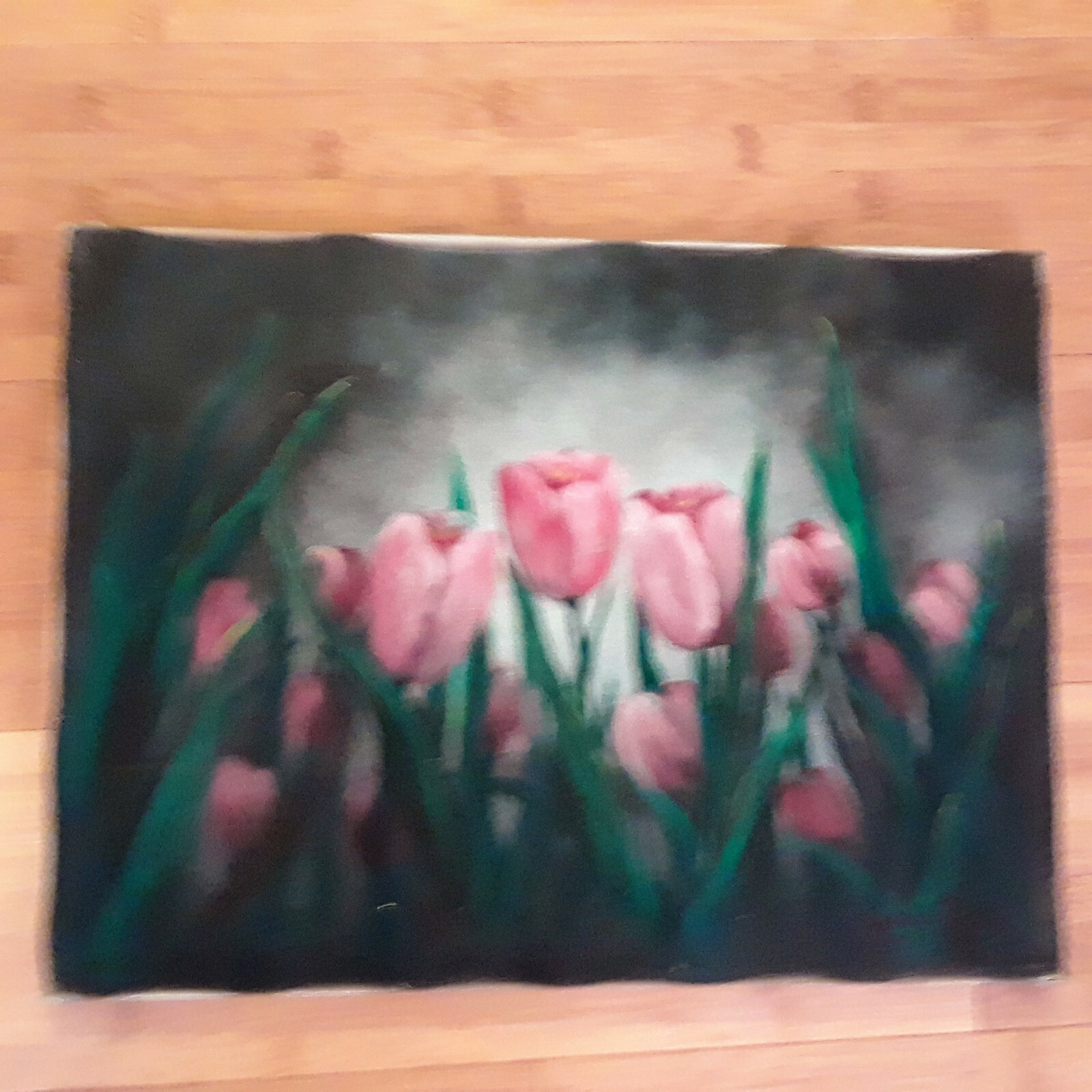 Floral flowers tulips original oil painting 16 x 12 pinks greens dark gray