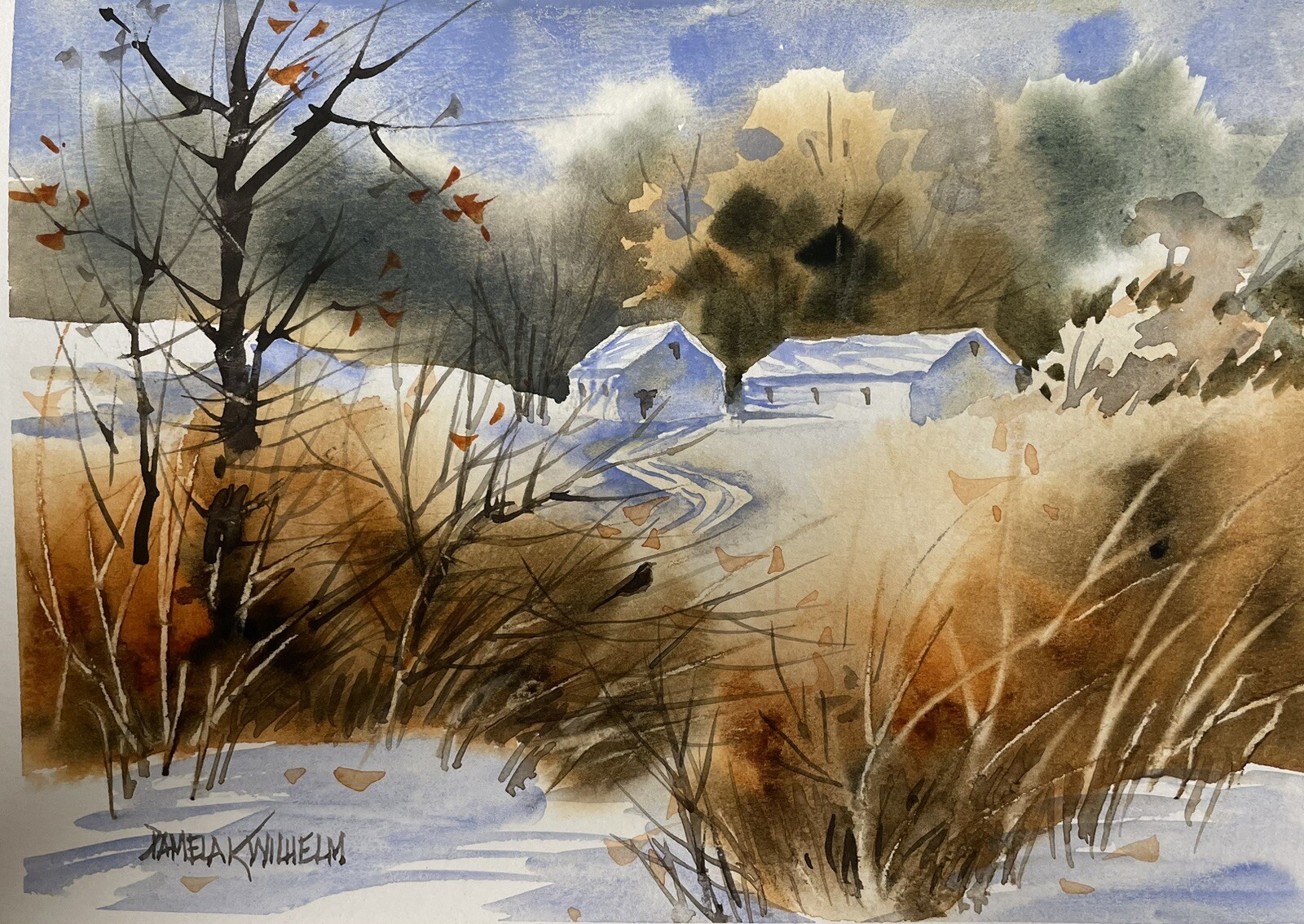 Pamela Wilhelm original 7”x9”Watercolor Winter White Barns Road Sparrow Farm
