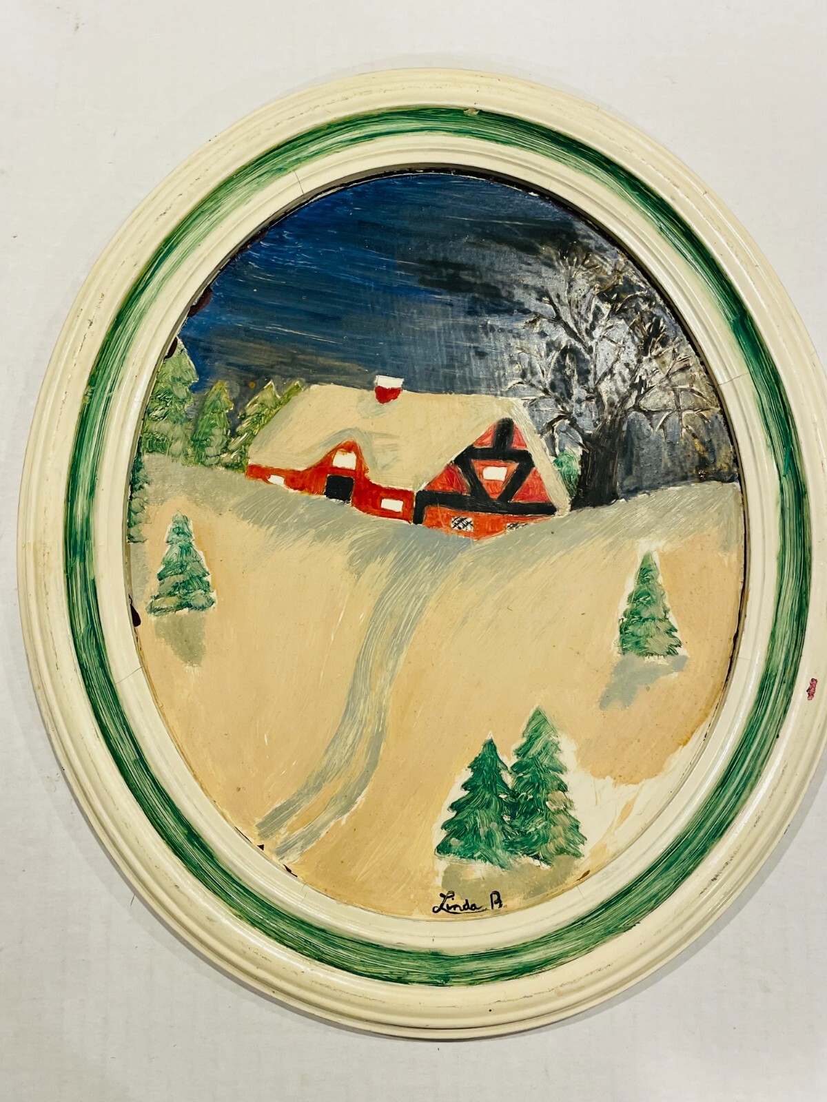 LINDA BETH Vintage Barn Original Oil Painting Oval Frame 14″ Signed Shabby Chic