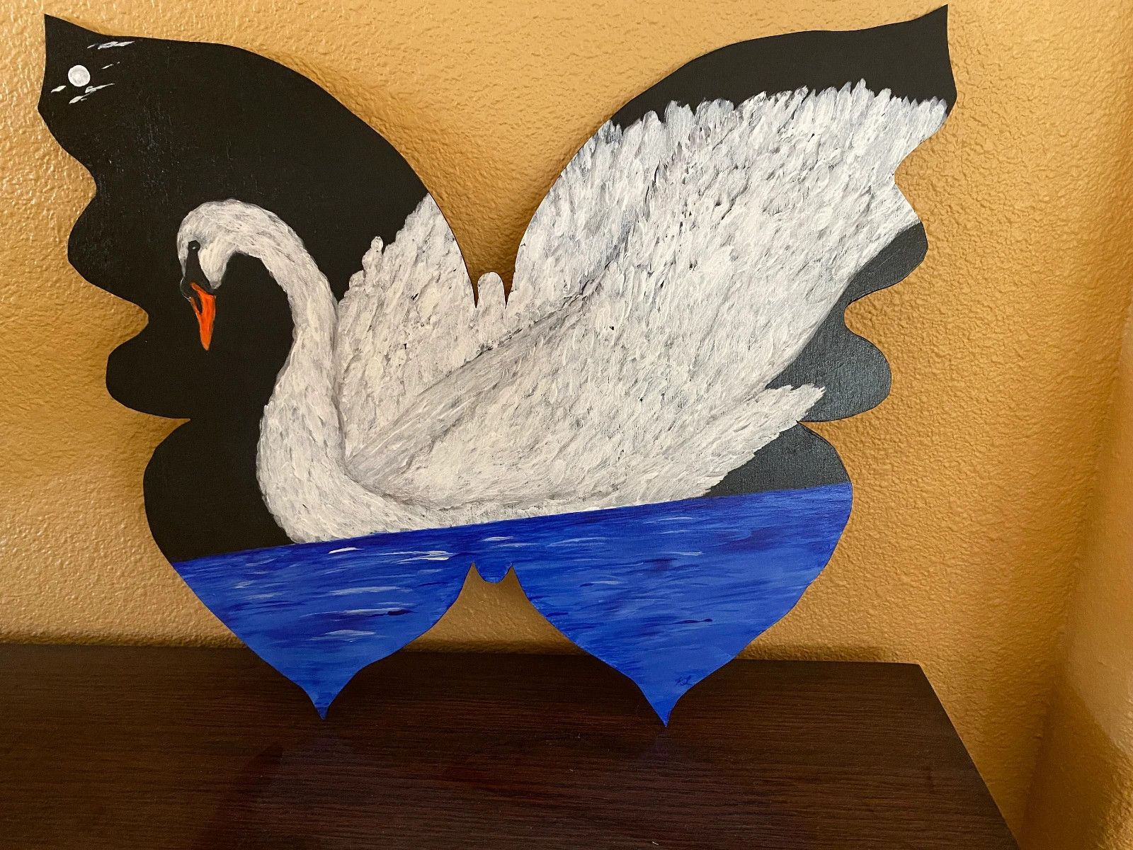 original abstract acrylic butterfly swan in water painting on wood 19×17