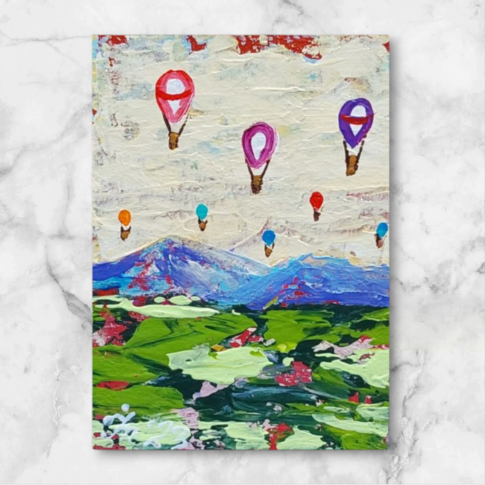 ACEO Hot Air Balloon 3 Original Painting Mountains Wildflowers Gift Handmade Art