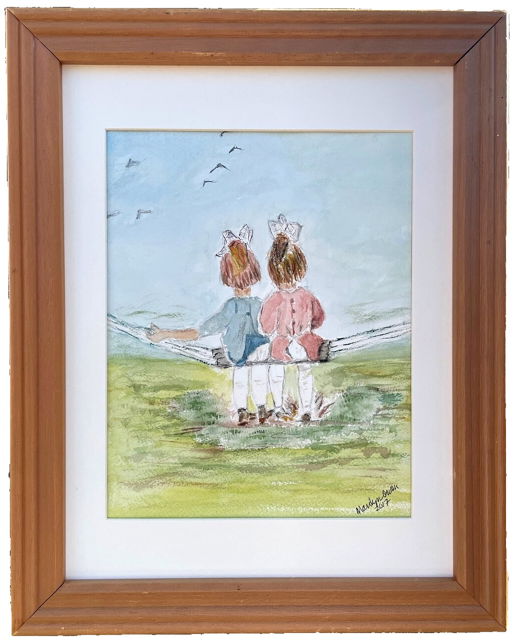 TWIN SISTERS, Sharing a Hammock Swing-Original Watercolor Painting, MARILYN OWEN