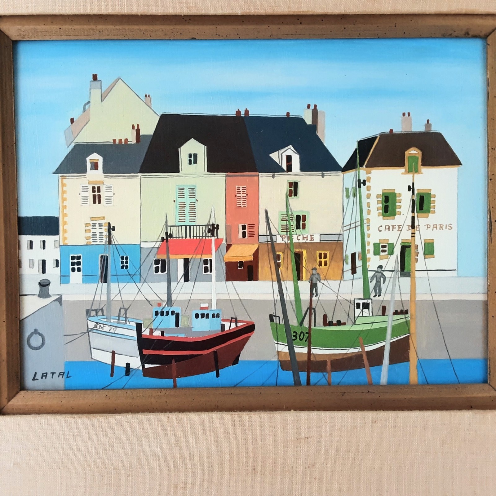 Vtg 60s Lilian Latal Oil On Masonite Board Seaport Town Naive Folk Art Framed