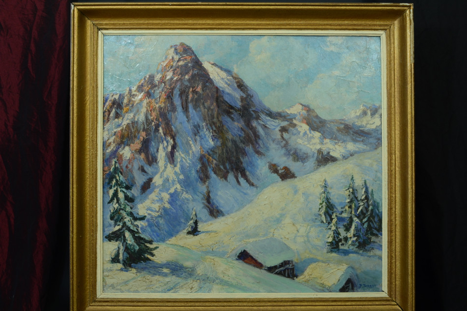 Painting Antique Hsp Landscape Mountain Summit Snowy Alps Signed Forest 1930