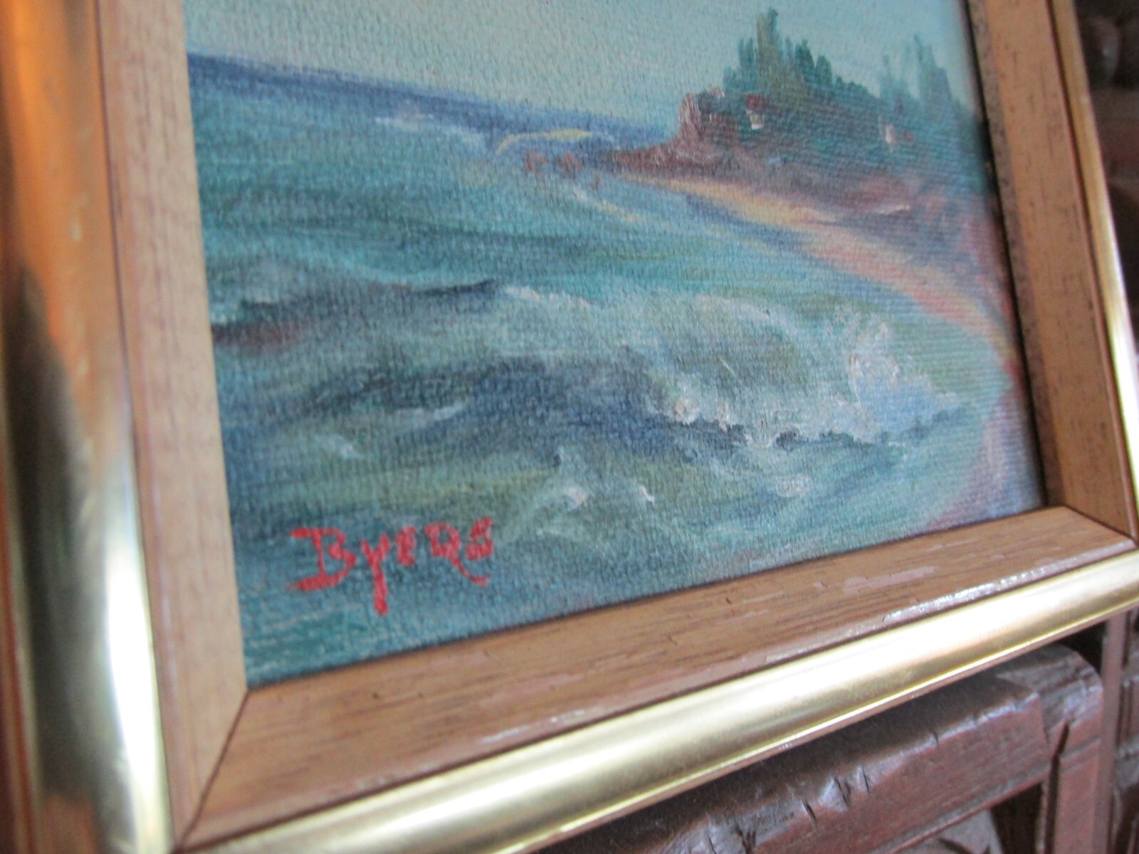 Original Painting Seascape Signed Byers Ocean Cove Waves Bluffs Sea Miniature