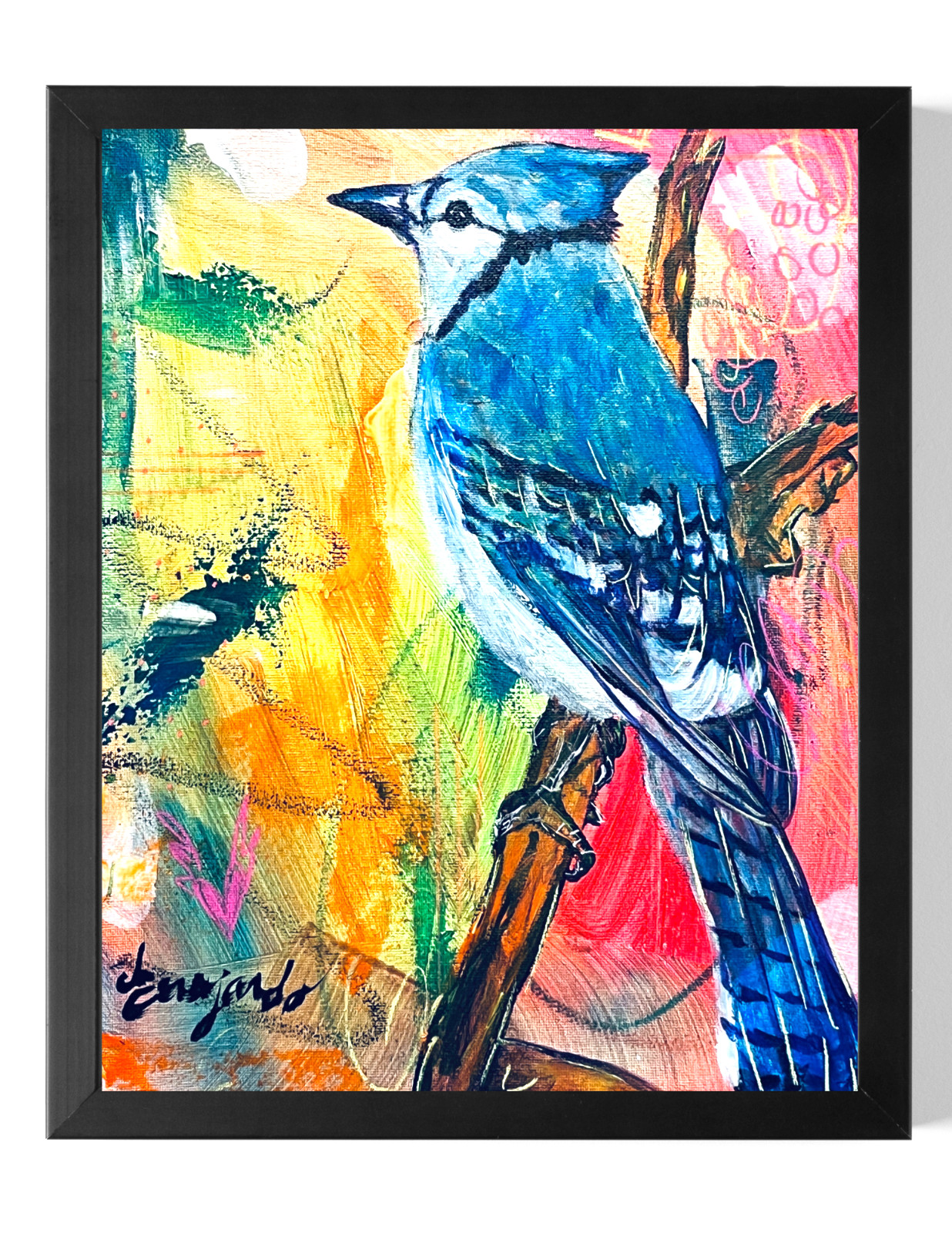 Guajardo Original Art: Neon Blue Jay 14X11 Canvas Signed Art Expressionism