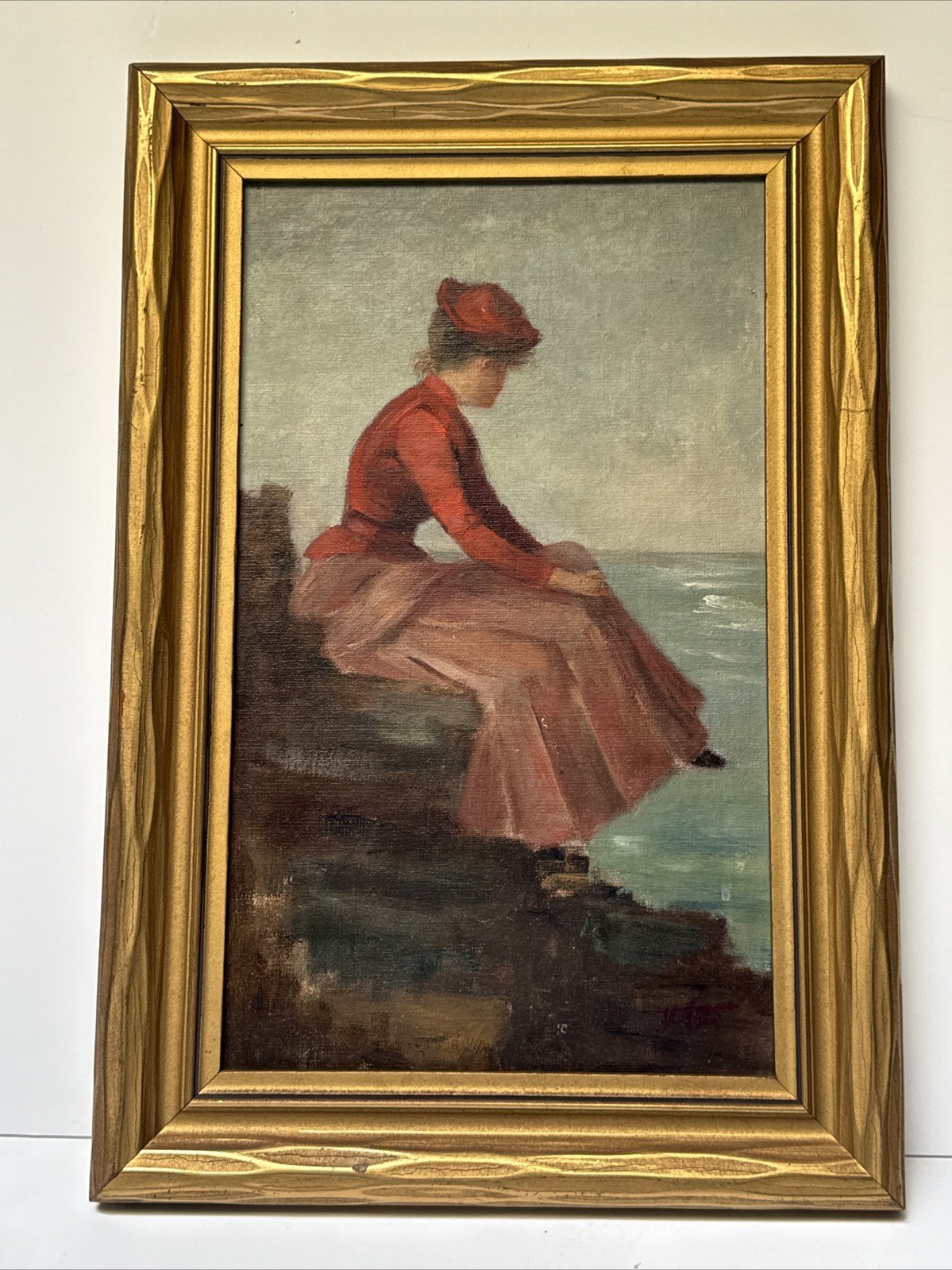 Antique Painting Beach Portrait Pretty Woman Female Model 1910’s Oil Coastal
