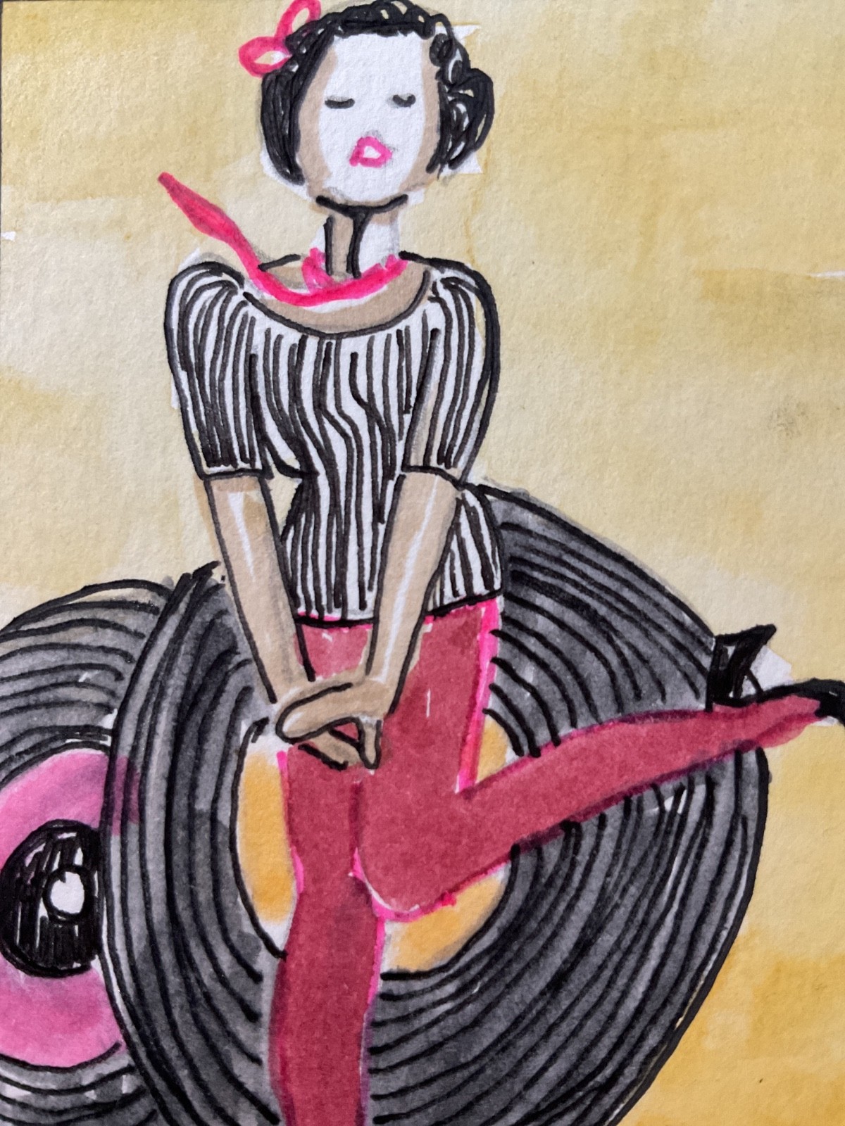 ACEO watercolor art by PJ, art card 2.5 x 3.5: the dance, lady.