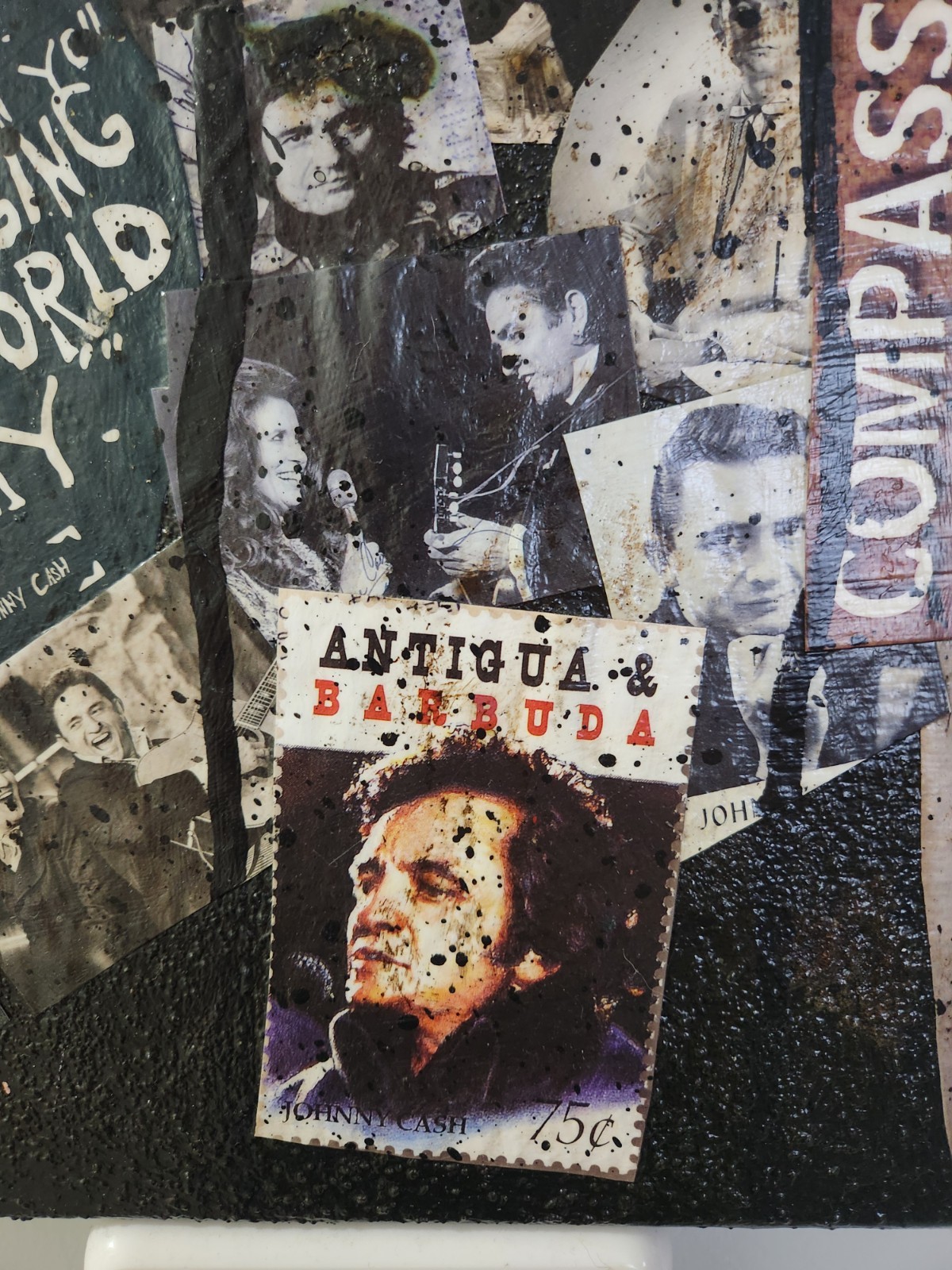 Large Johnny Cash Acrylic Paintin Collage Art. Heavily Textured & Burned! 16X20