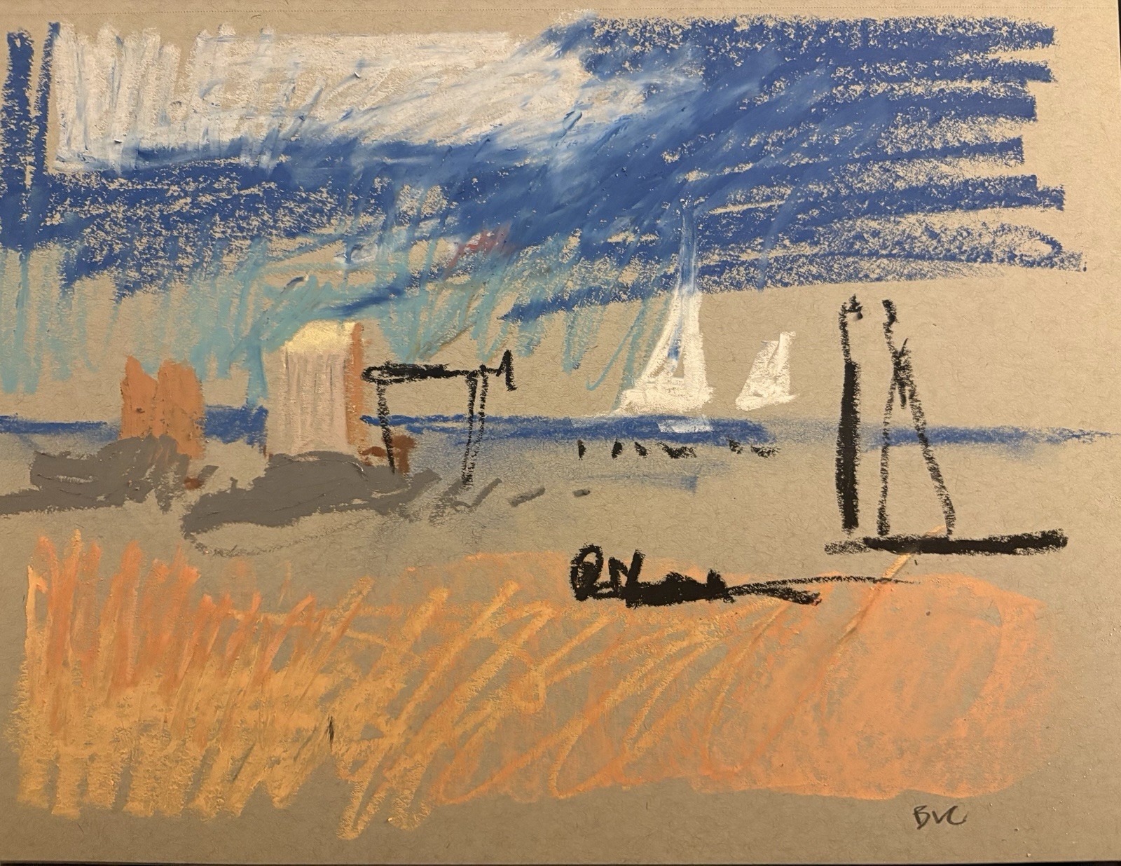 Surrealism Figures On Beach Pastel Painting On Paper Original Signed 9”x12”