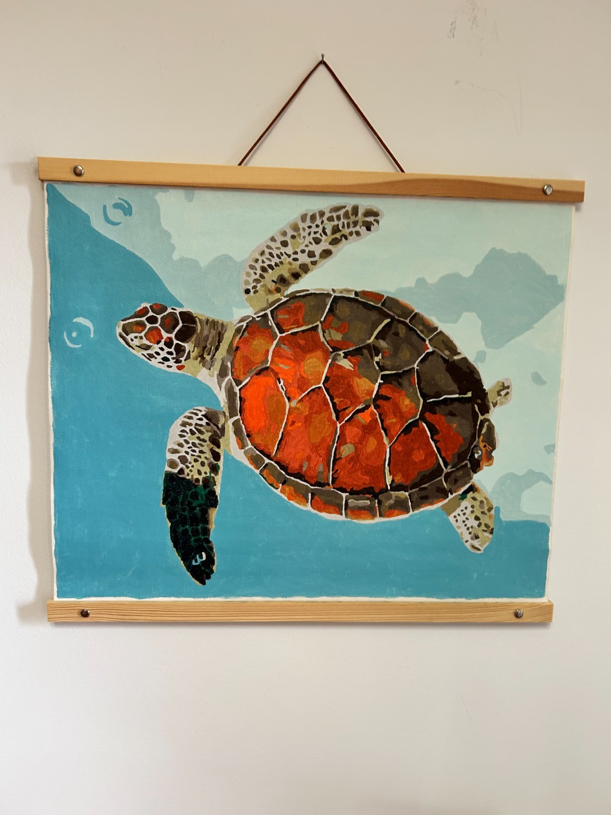 Large Swimming Turtle in Acrylic – 16″ x 20″ – Wood & leather frame