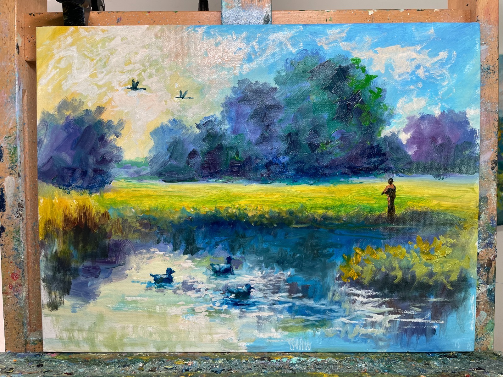 SUNLIT POND WITH FISHERMAN – Original Oil Painting 12×16 Canvas Panel by Andrew