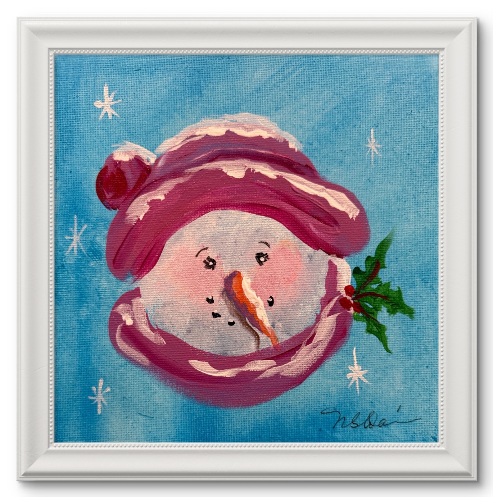 OOAK Original Small 8”X 8” Acrylic-Holiday Snowman with Magenta Hat and Scarf