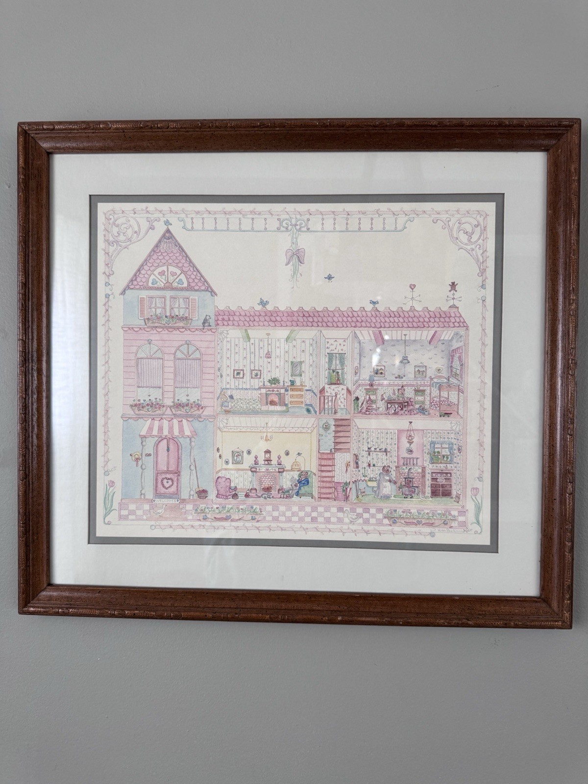 Vintage painting by Kim Peckham 20×17 Inches teddy bear dollhouse cottage core