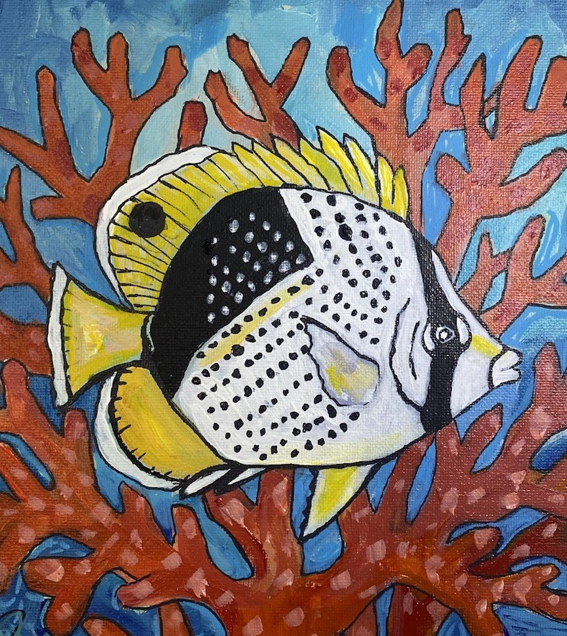 8×10”, Tropical Fish Coral, Acrylic/Canvas,Signed, Handmade, COA