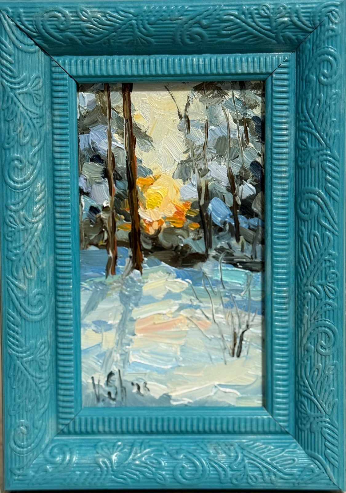 Original Oil Painting Winter Landscape Forest Sunset Art Signed Framed 5×7 in