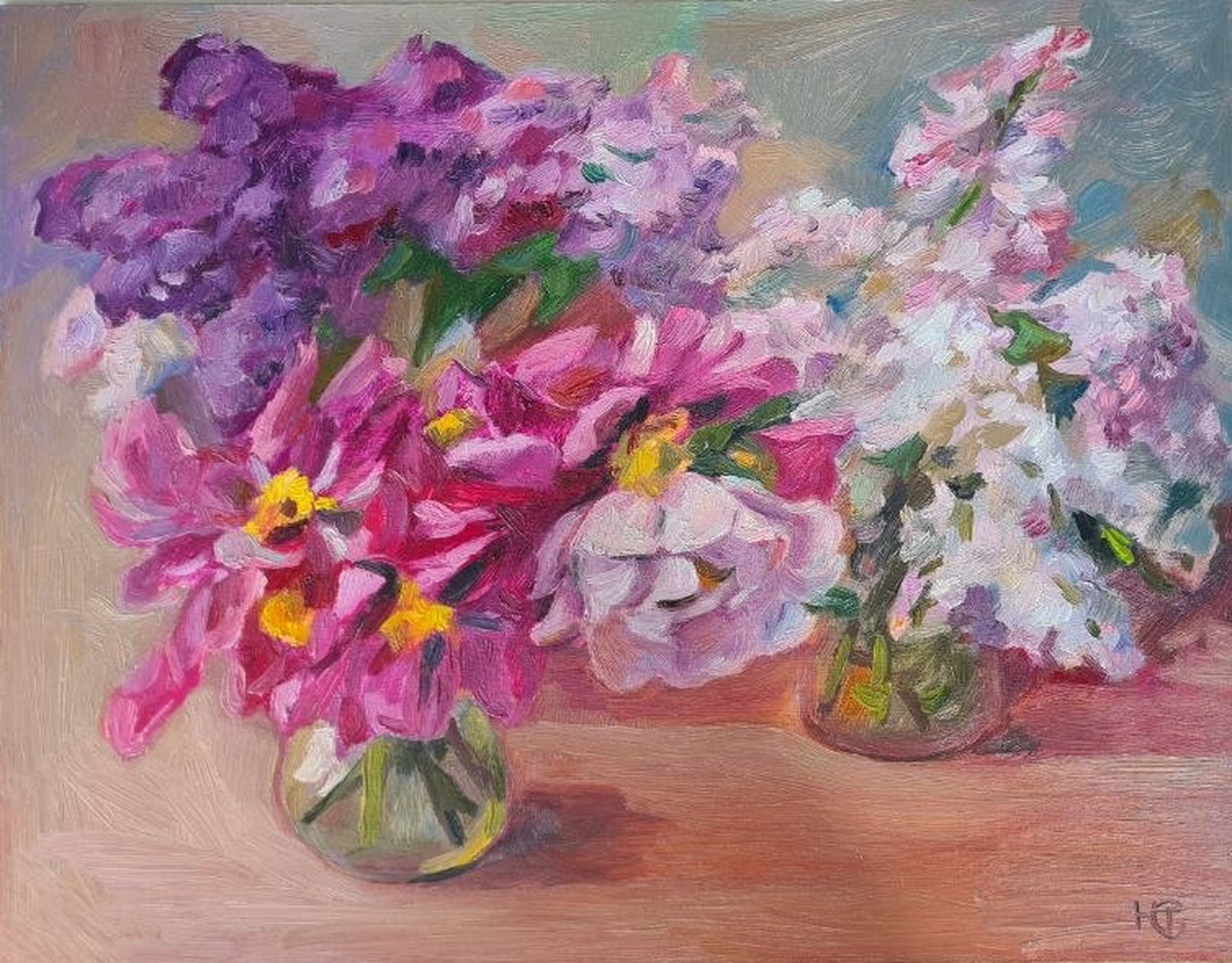 Original Oil Painting Peonies Lilacs Floral Still Life on Primed Board 35×45 cm