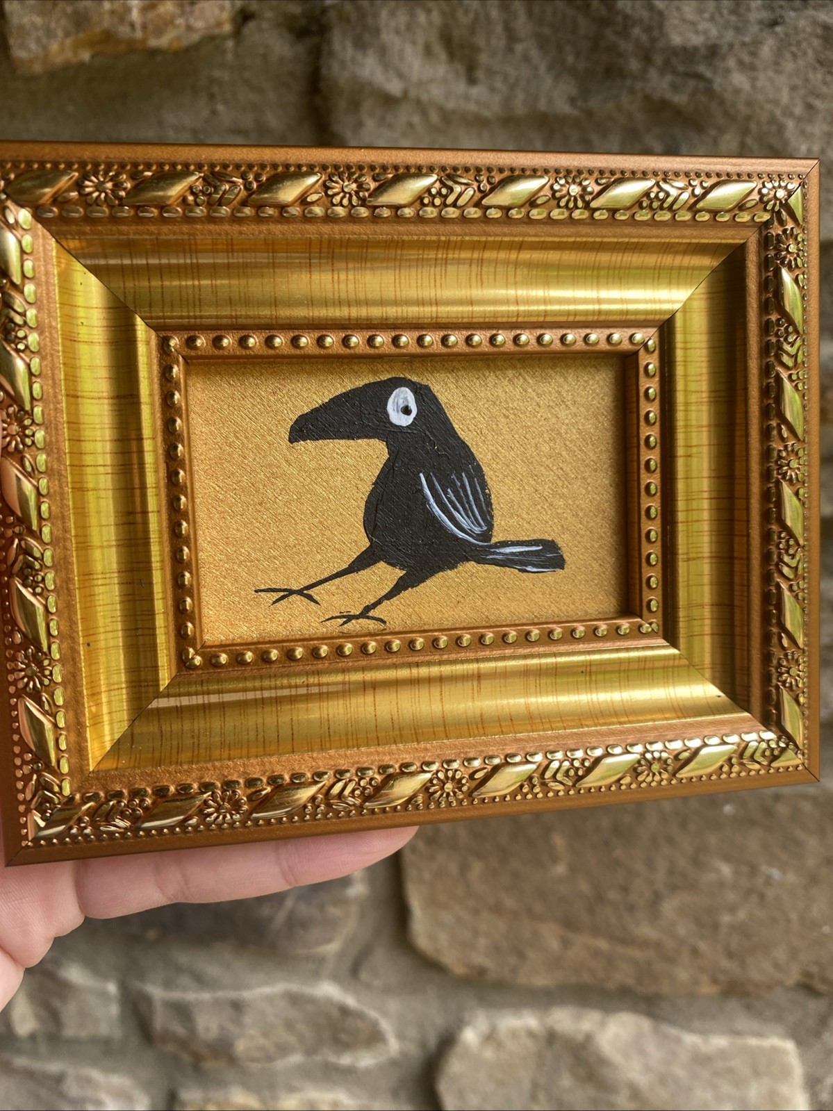 Whimsical Crow Raven Original Painting framed,gold,miniature,small,mini