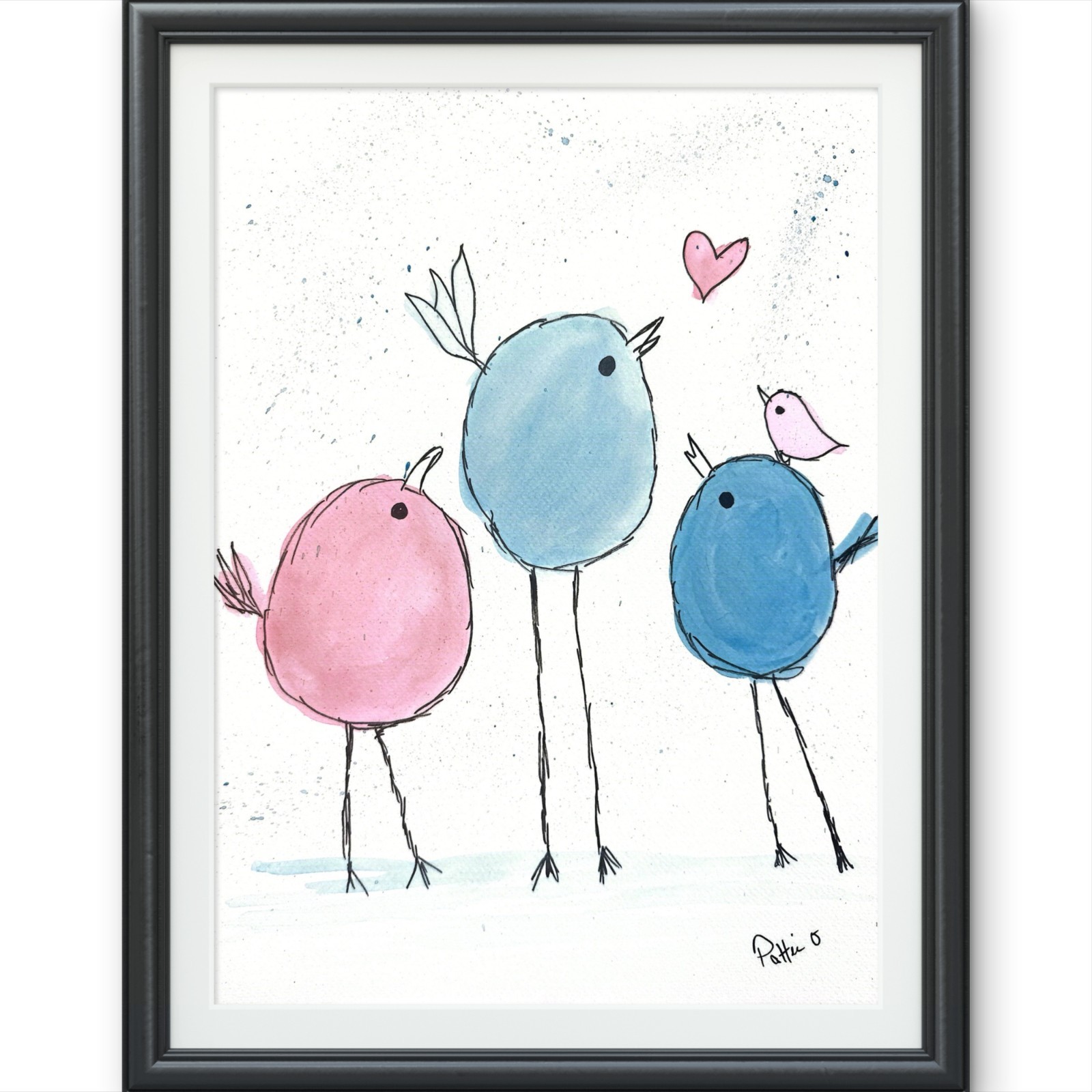 Birds Whimsical Watercolor Fine Art 15X11 Gallery Paper Signed Blue Pink Decor