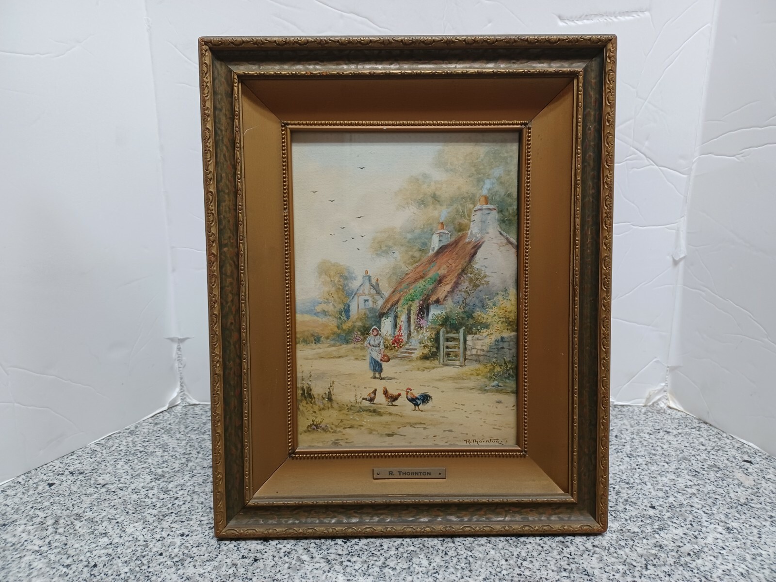 Original R.Thornton English Cottage Antique Watercolor Painting Signed, a-x