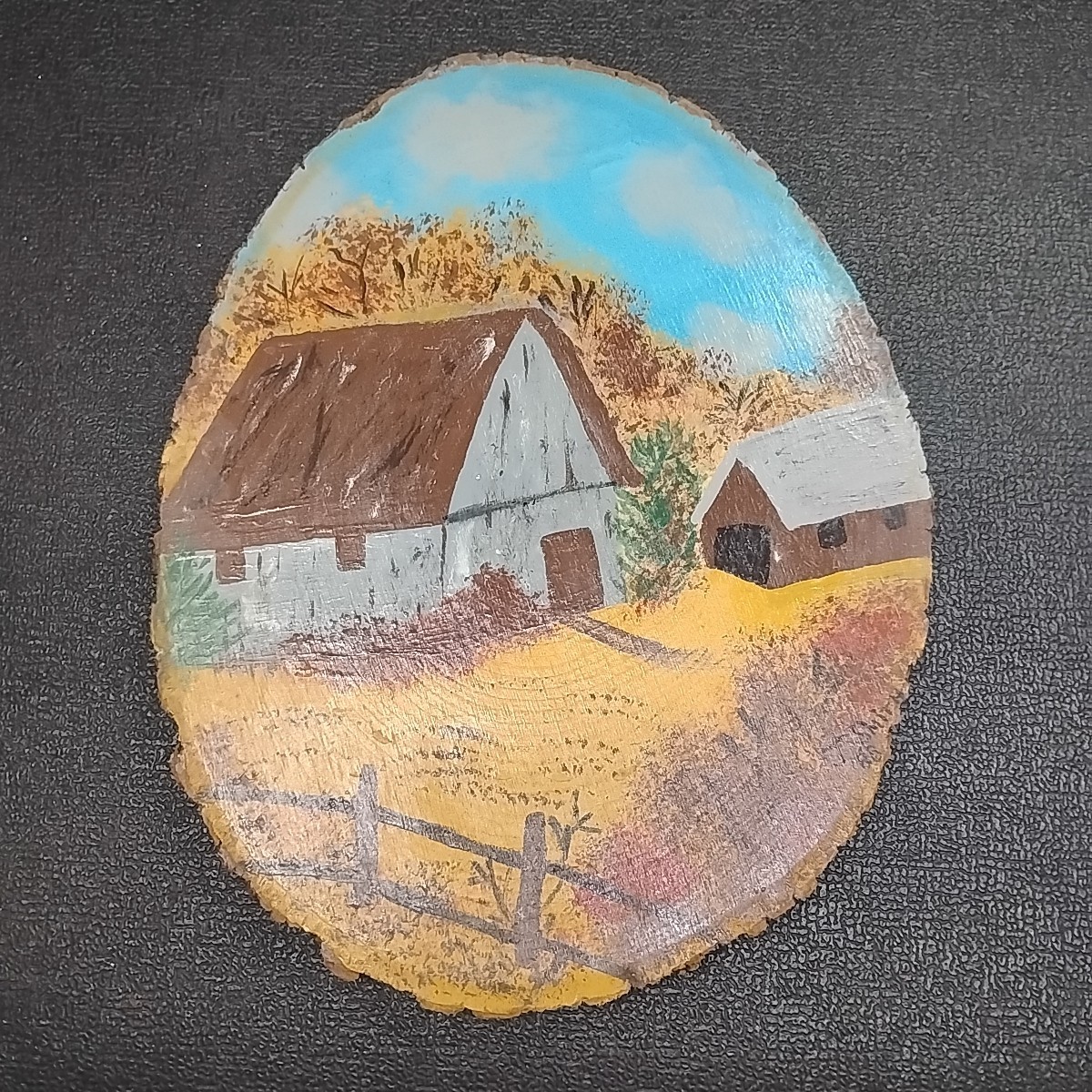 Vintage J. Smith 1988 Hand-Painted 14″ Oval Wood Log Slice Barn Farm Scene