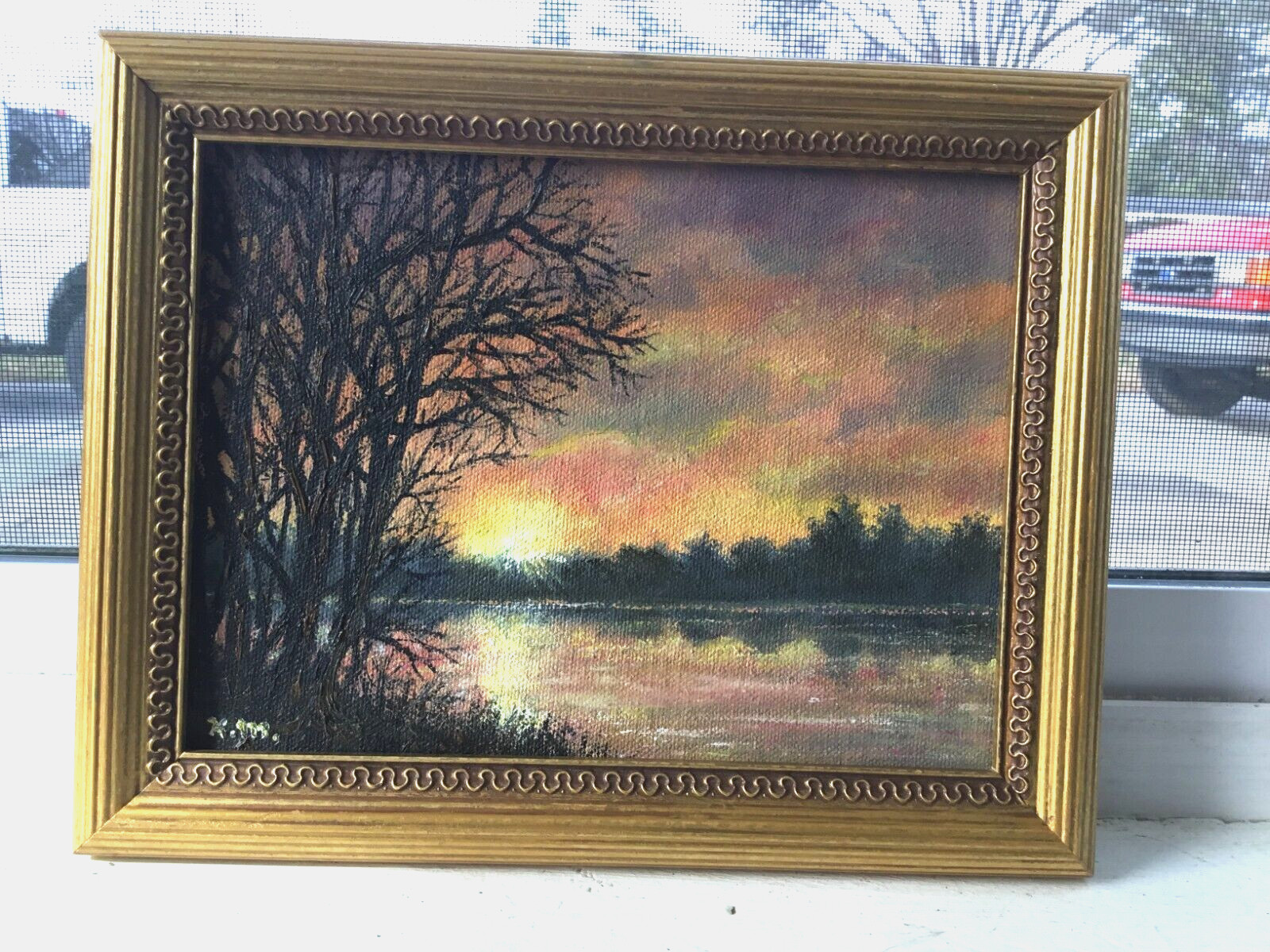SUNRISE ON THE RIVER – original framed oil landscape painting on 6X8 inch canvas