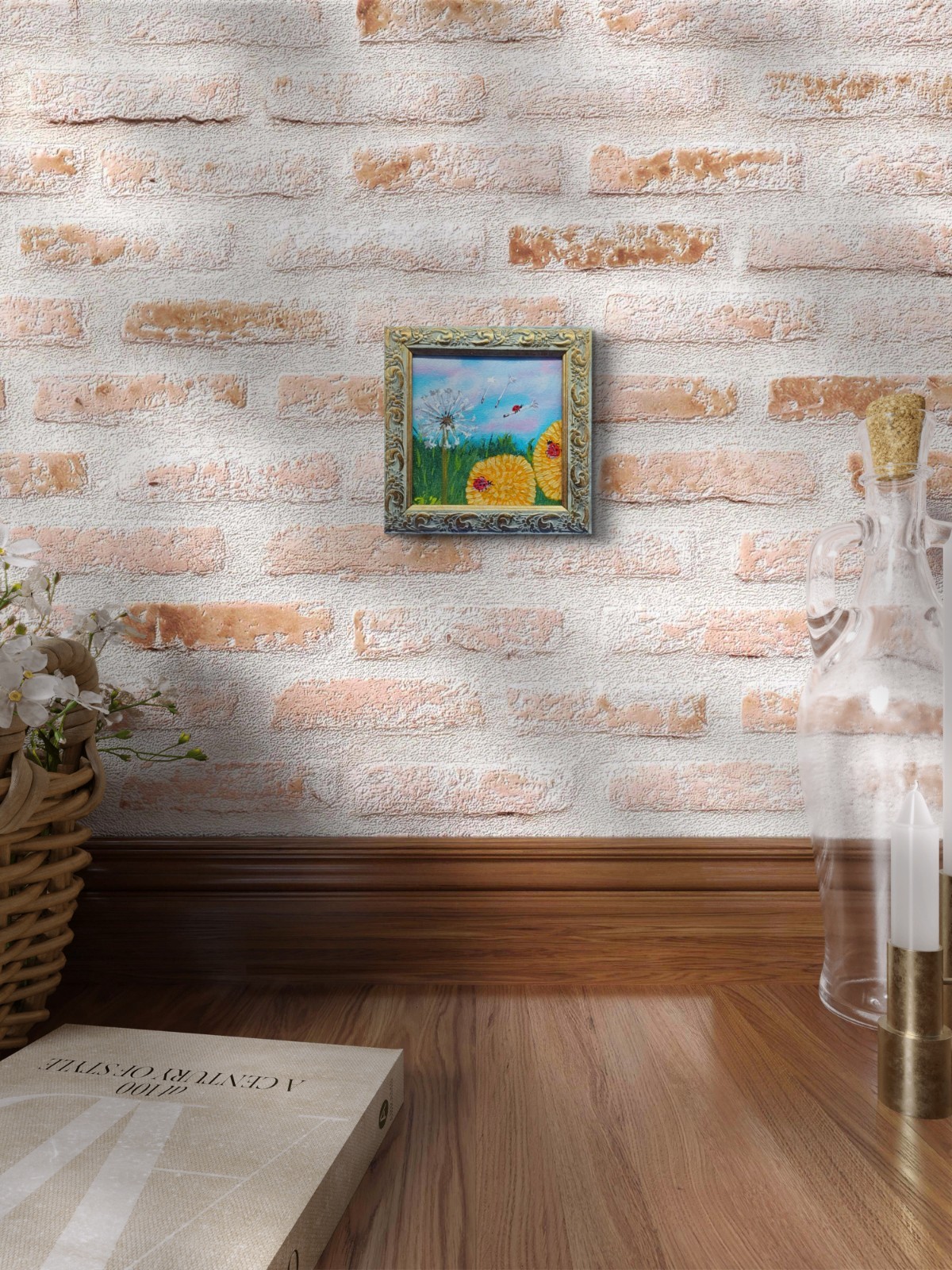 Wildflowers Dandelions ladybug Original Painting Small Gift Handmade Wall Art