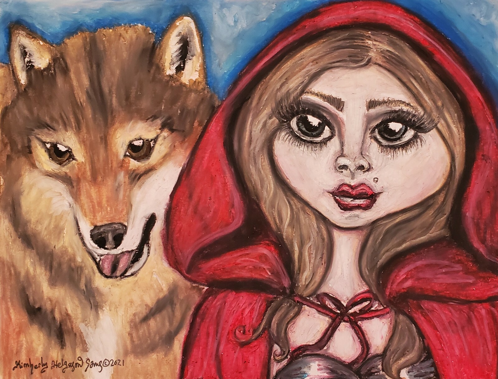 ORIGINAL Fantasy Art Red Riding Hood Vixen Big Bad Wolf 9×12 Pastel Painting