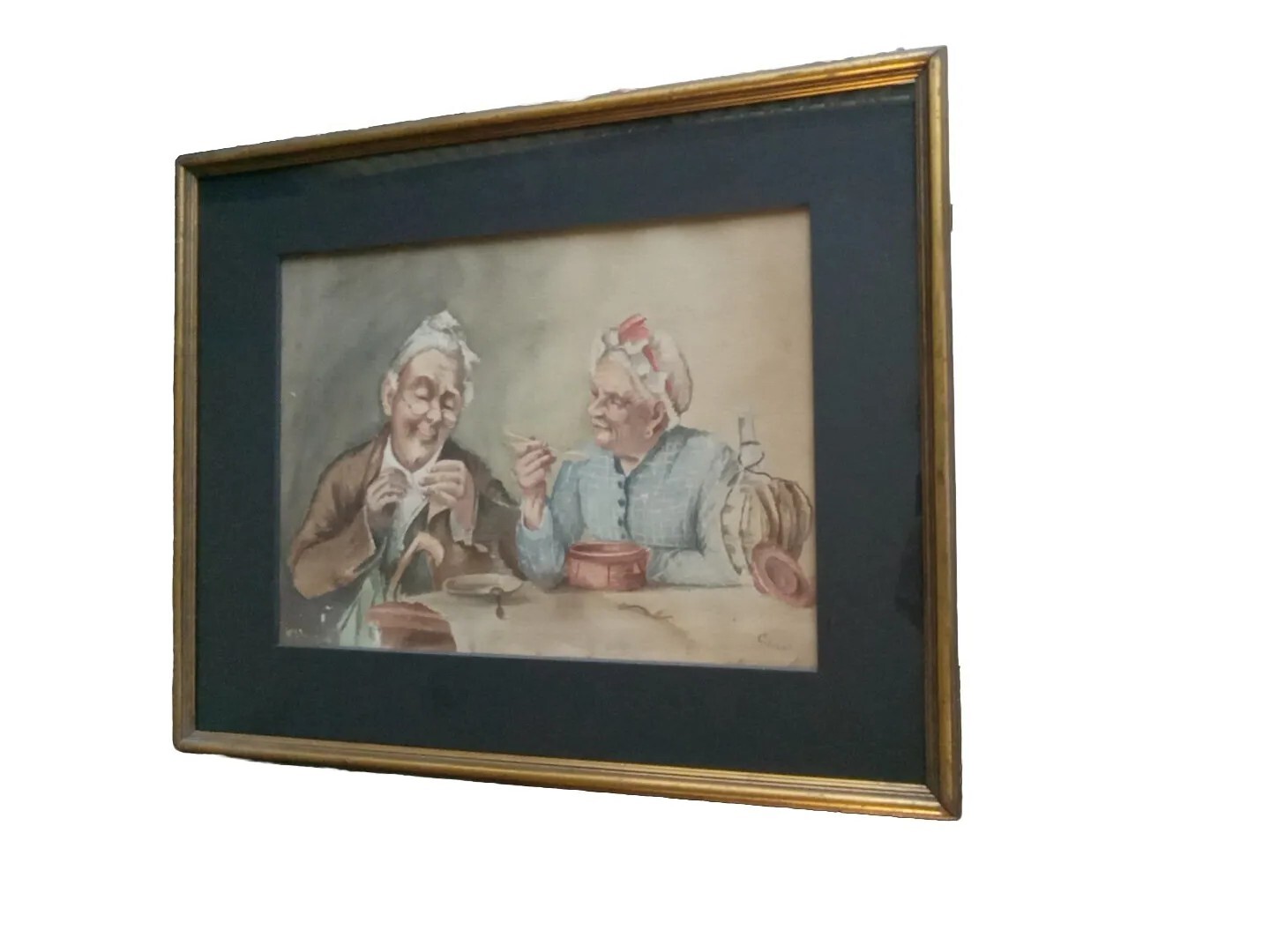 GRANDMA & GRANDPA ORIGINAL ANTIQUE WATERCOLOR PAINTING – 1900S – SIGNED C. HUNT