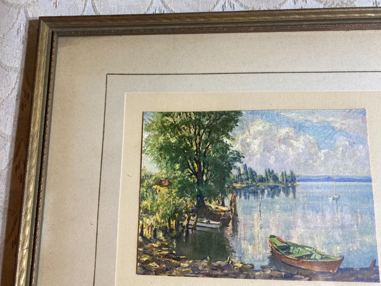 August Herzog (1885 – 1959) «Lakeside Scene» Oil Painting – Signed/Framed