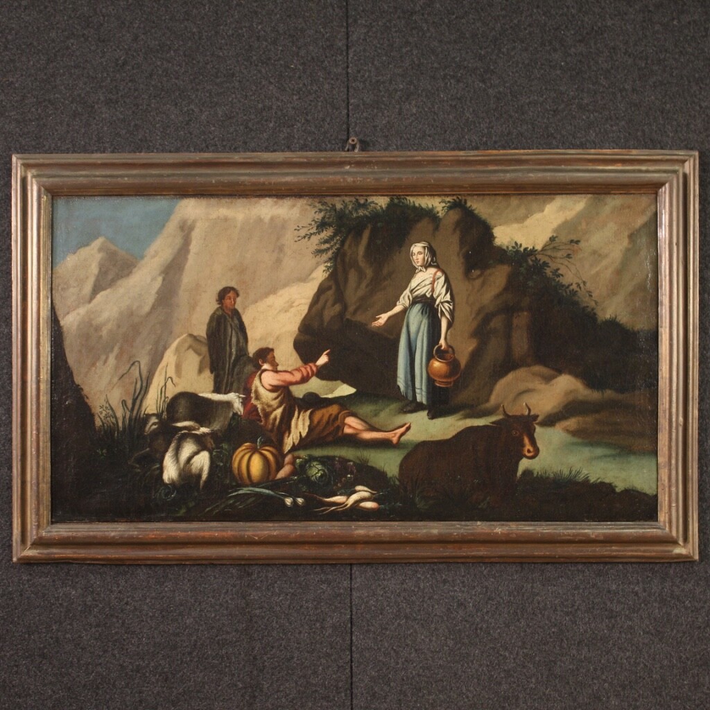 Painting bucolic landscape antique pastoral scene oil on canvas 18th century