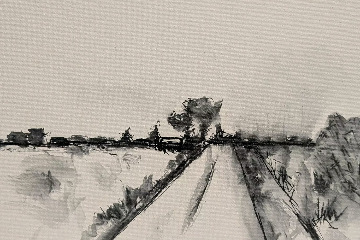 Original Abstract Minimal Ink Landscape Painting By K.A.Davis » Lonely Road «
