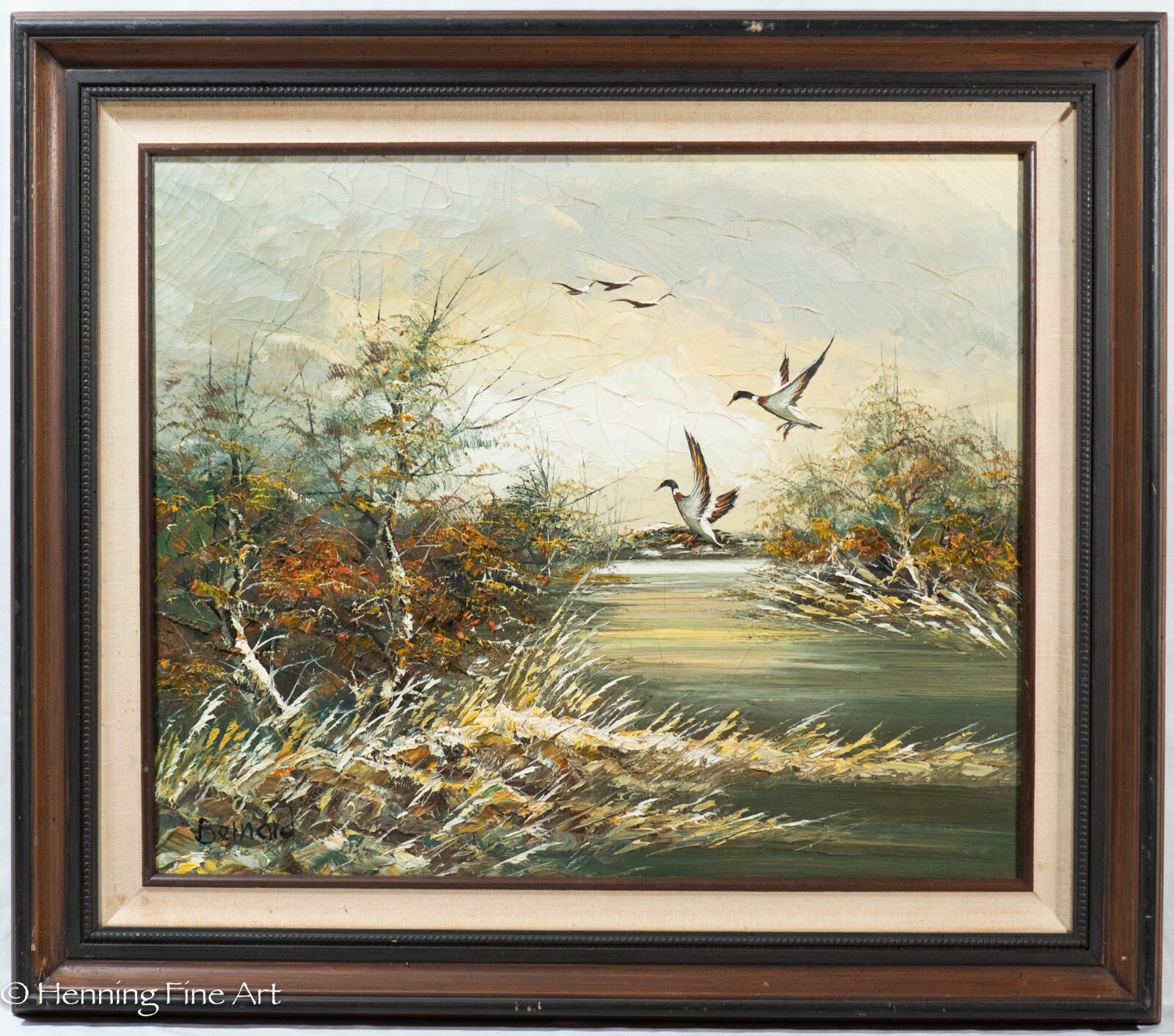 Vintage Heavy Impasto Oil Painting of Flying Ducks over Lake Landscape Signed