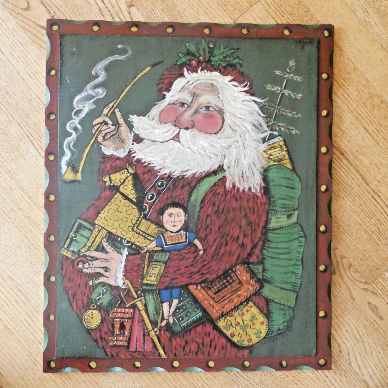 Hand Painted Santa Claus with Toys Framed Picture On Board J Shields 2007