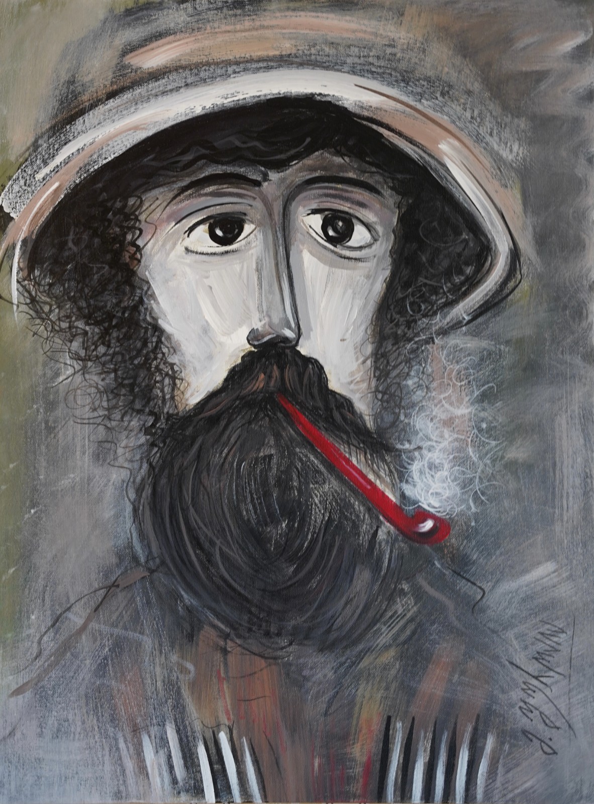 Original Portrait Painting Acrylic Canvas Man with Pipe Hat Signed 31.5′ x 23.6′