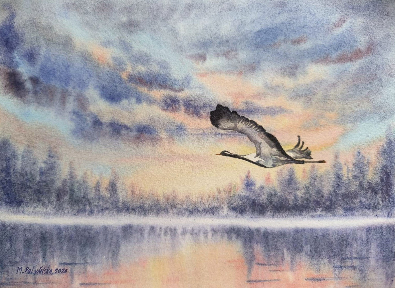 BERD STORK FLYING FOGGY FOREST Original Artwork Painting Landscape CLOUDS GiftA4