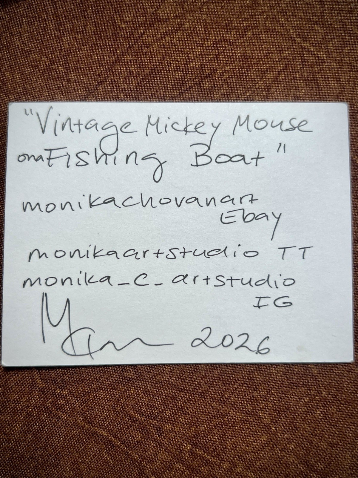 Original ACEO Vintage Mickey Mouse Fishing Mixed Media Monika Chovan OOAK