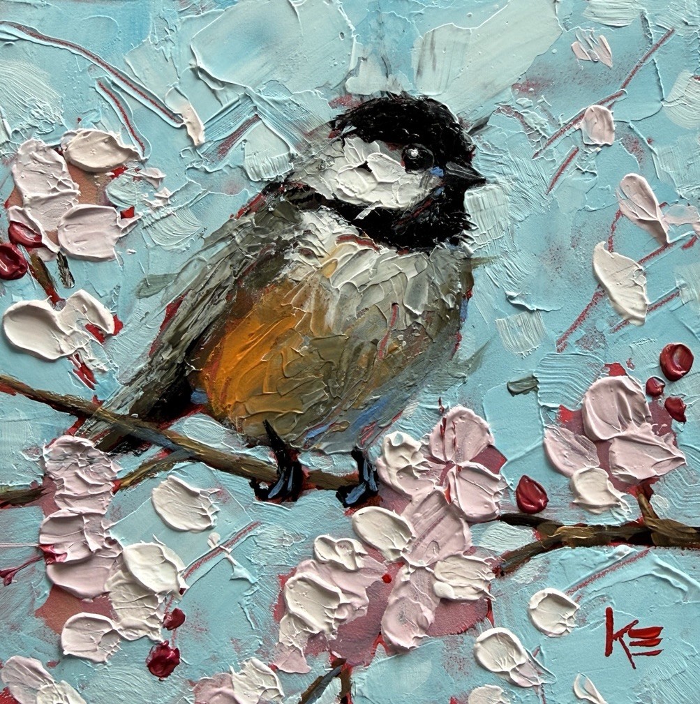 Chickadee Blossoms bird Original Painting On Panel 6 X 6 IN Art Krista Eaton