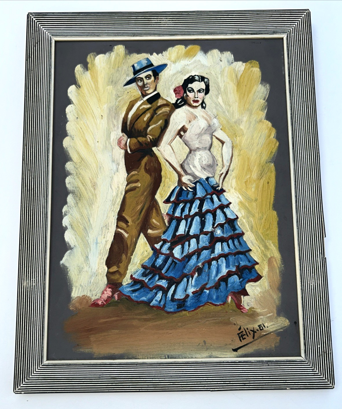 Vintage Spanish Dancers Framed Painting 18″ x 14″ Signed Felix «61 MCM Tourist