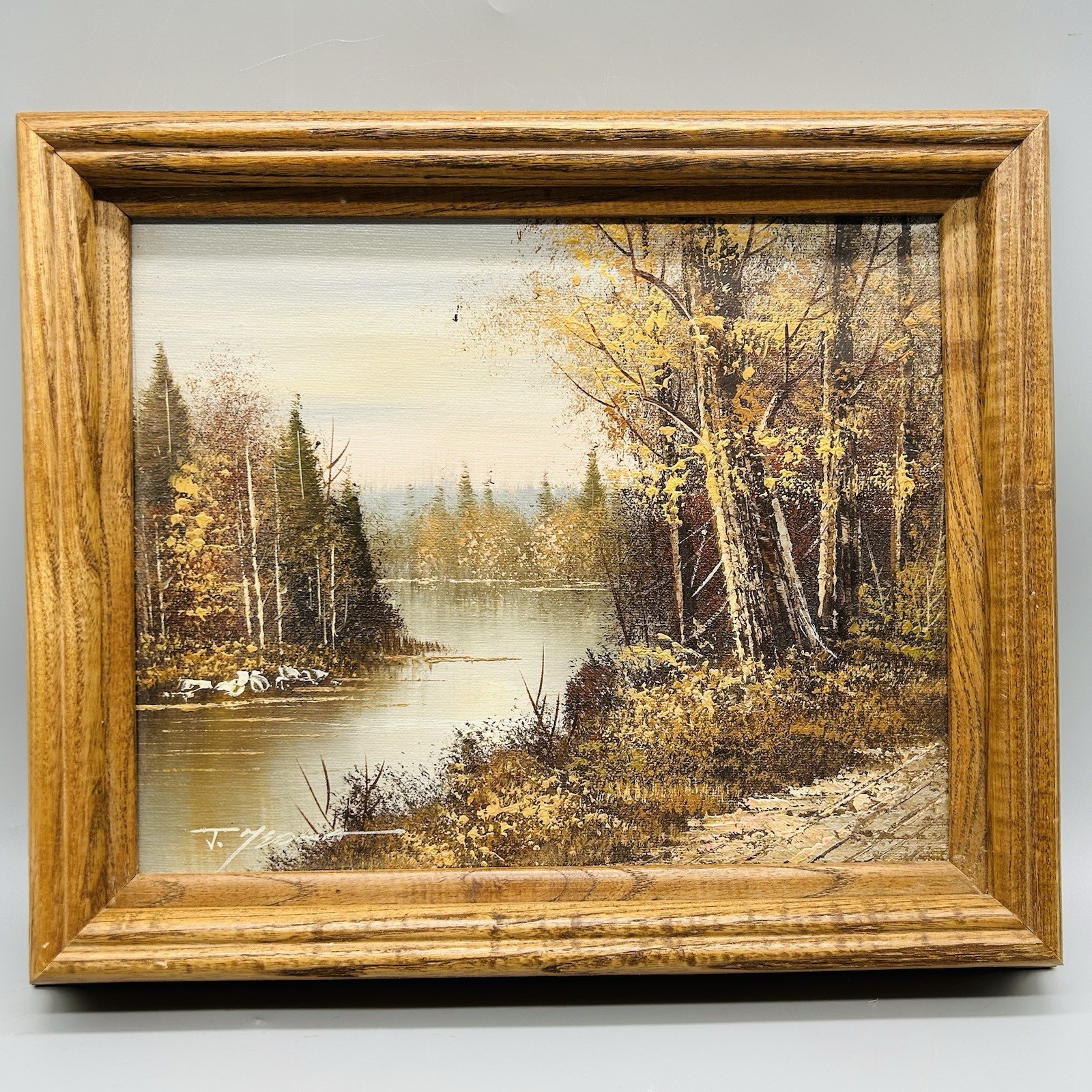 Vintage Original Oil Painting Autumn Woodland Lake Scene Signed 12×10 Framed