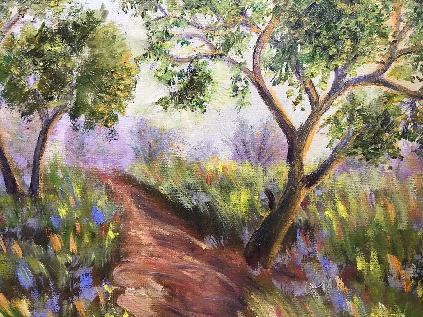 Original Oil Painting Evening Landscape With Path Grass Trees 11×14 Wall Art