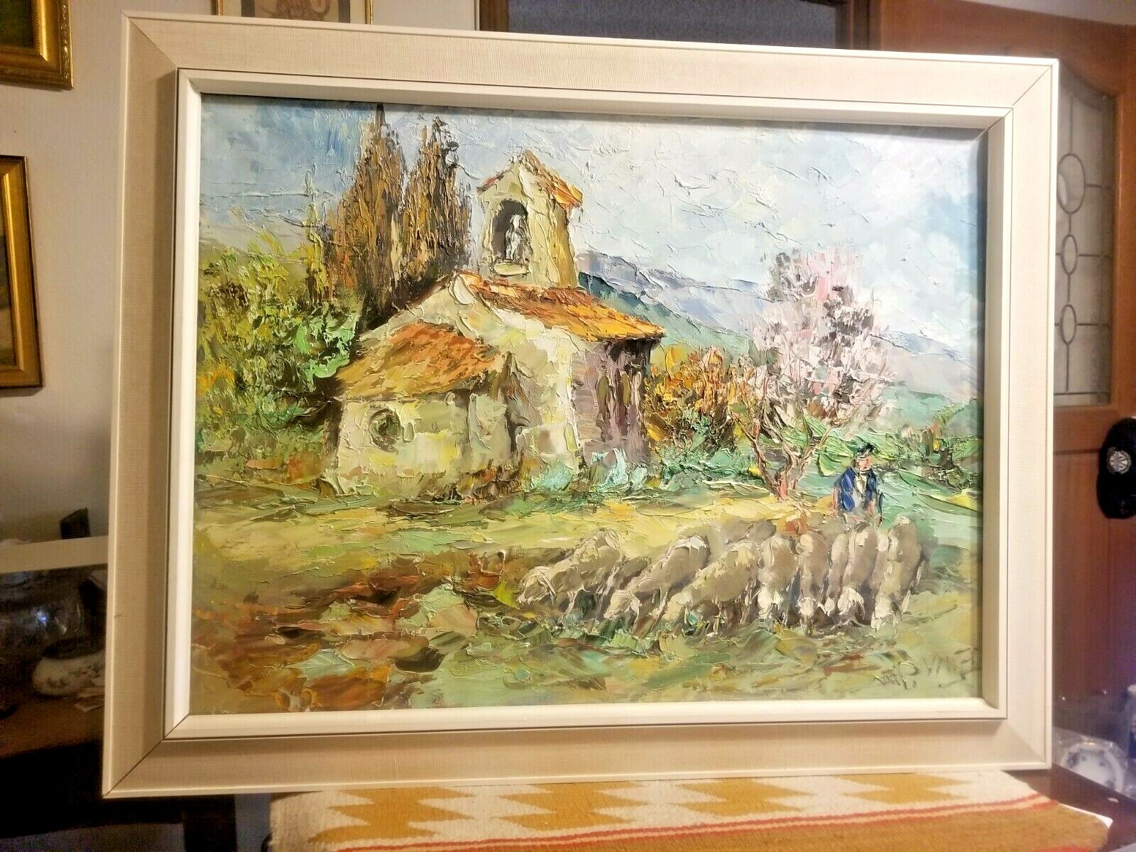 STRIKING GERMAN IMPRESSIONIST A/C PAINTING WOMAN SHEEP IN THE MOUNTAINS COTTAGE