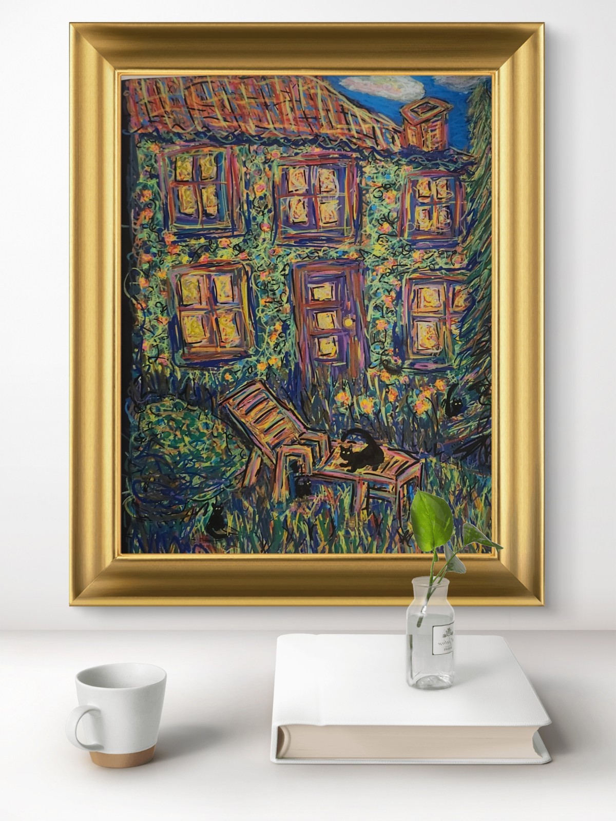 Black Cats In The Garden Impressionist Framed Whimsical 11×14 Acrylic On Paper