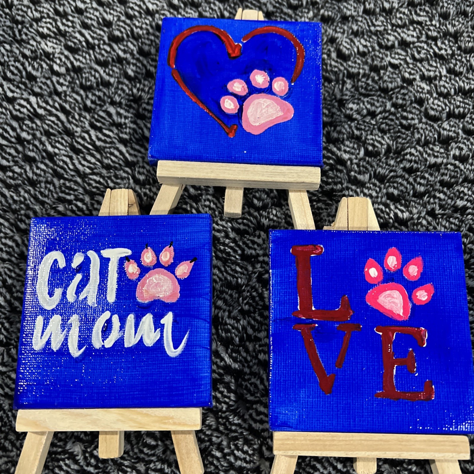 Original Set Of 3 Cat Lovers Acrylic miniature Painting,small,mini,framed