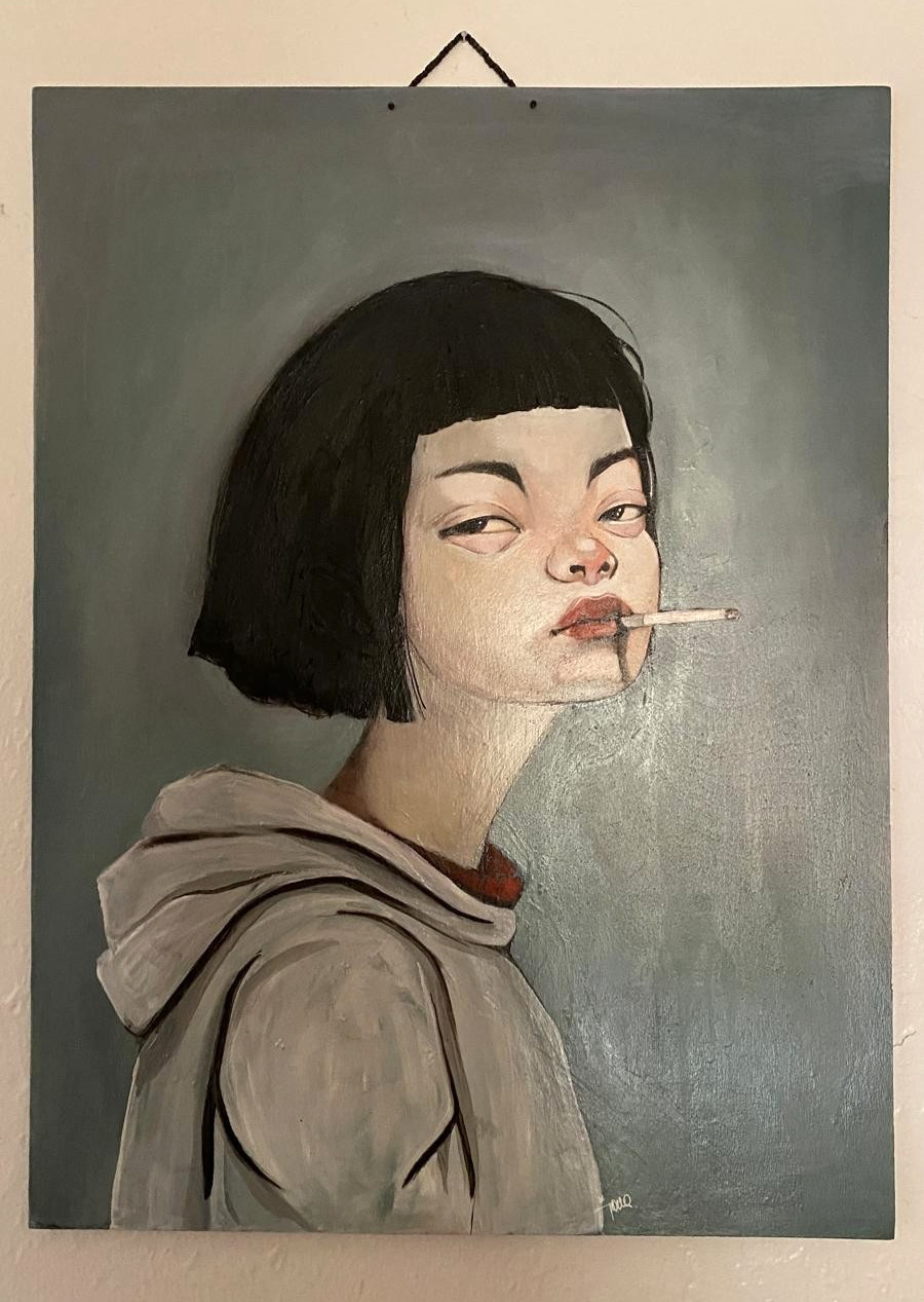 Original Oil Painting woman portrait smoking girl wood 18×24 I’m on my break!