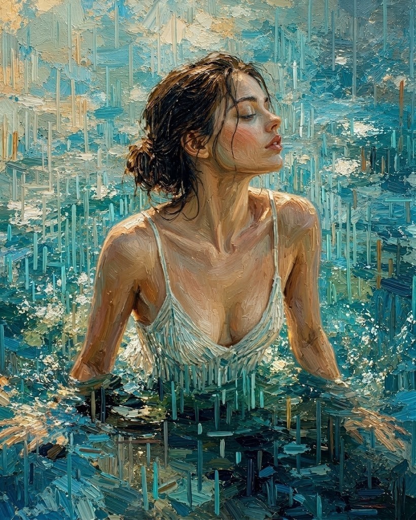 new hand made Painting on 24″*16″ canvas Woman Submerged in Blue by Wendy