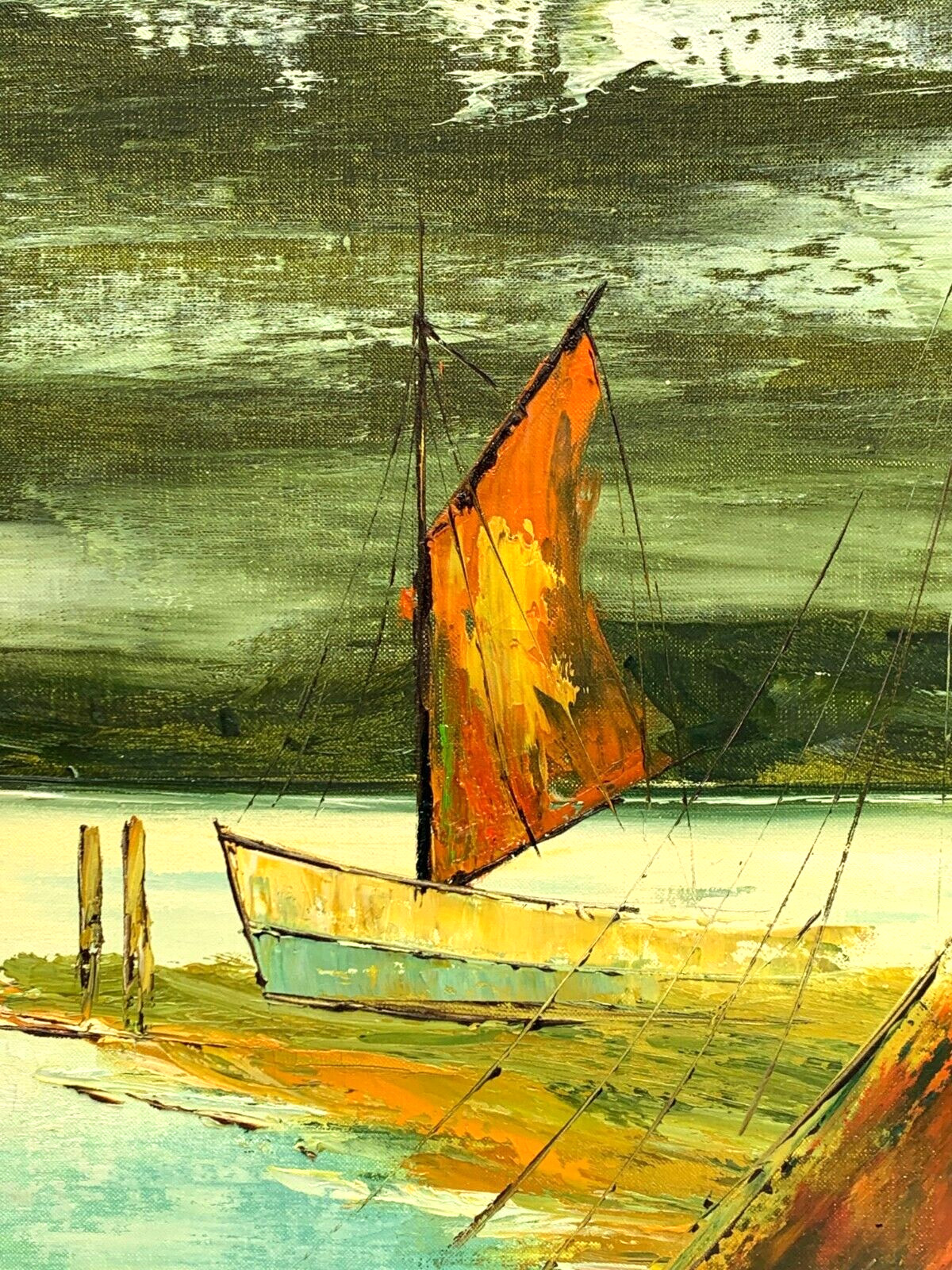 F LEE LARGE SEASCAPE OIL PAINTING SAND DOCKED FISHING BOAT PALETTE KNIFE IMPASTO