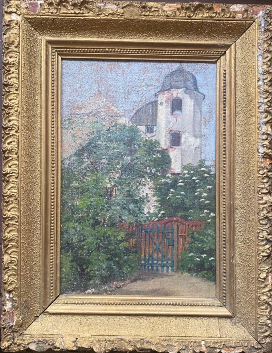 Oil Painting Home Estate With Tower Behind Garden Gate Fruit Trees Churchflowers