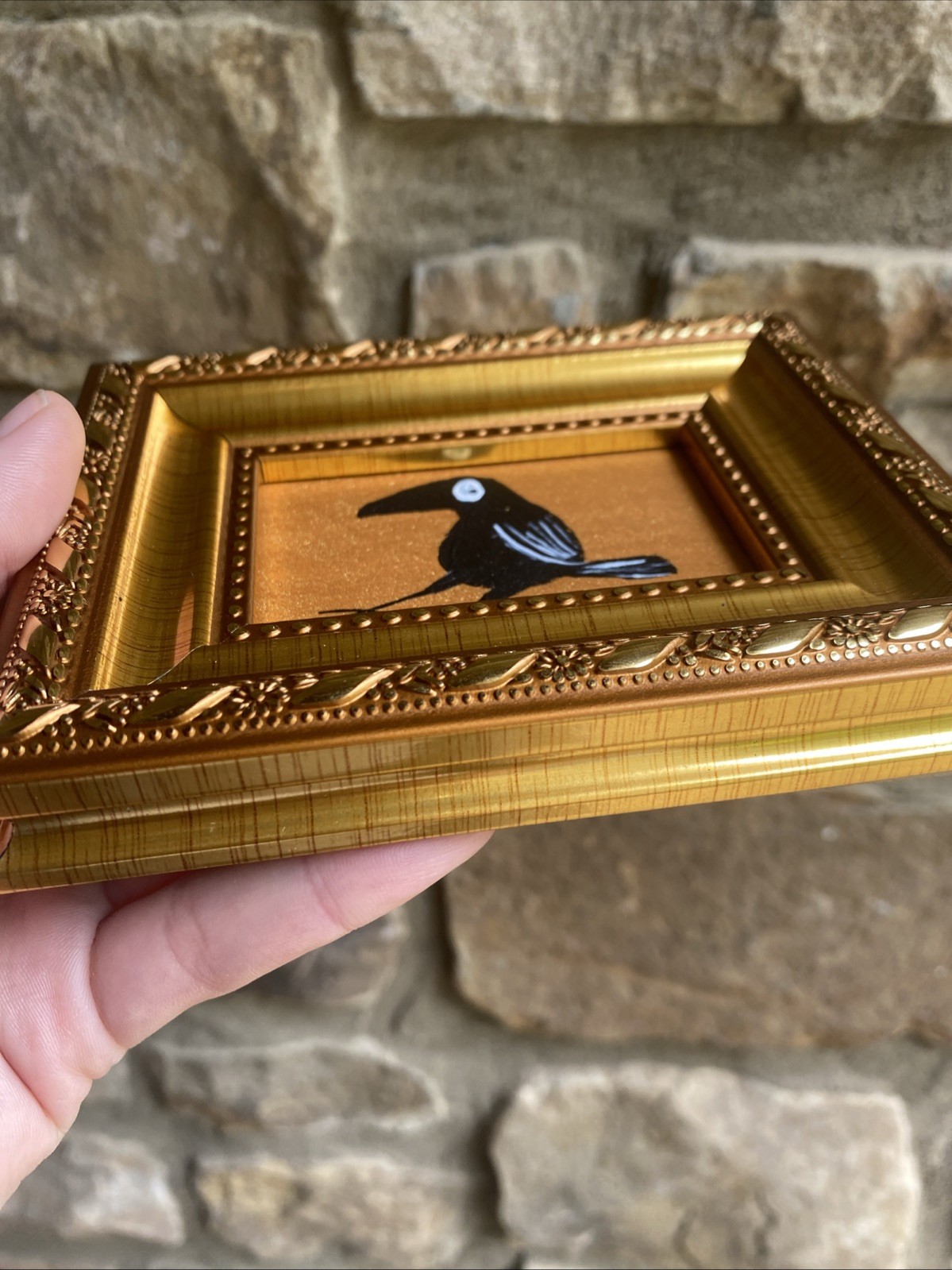 Whimsical Crow Raven Original Painting framed,gold,miniature,small,mini