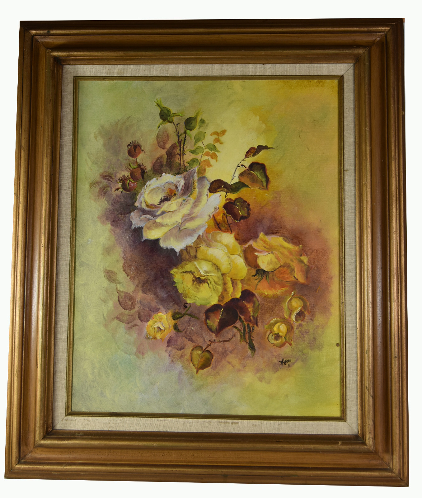 27 1/2″ Oil Painting on Canvas Signed D. Allen Still Life White Yellow Roses